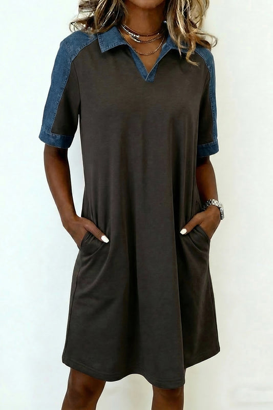 Colour Block Denim Patchwork Polo Collar T-Shirt Dress Women UK