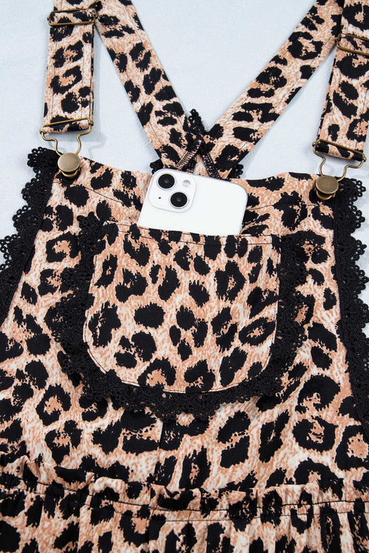 Leopard Lace Trim Wide Leg Playsuit with smartphone in front pocket, showcasing practicality and trendy animal print for summer outfits.