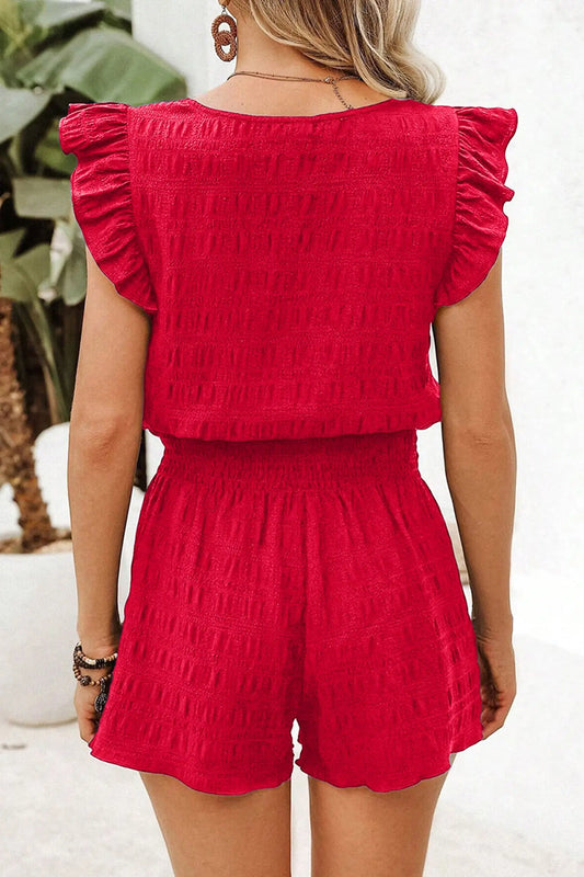Fiery red textured square neck top and shirred high waist shorts set