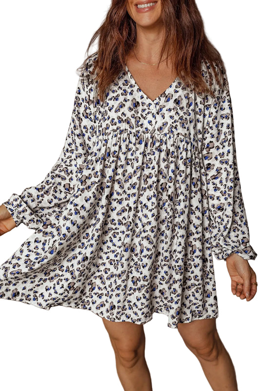 Multicolour leopard print v neck button mini dress