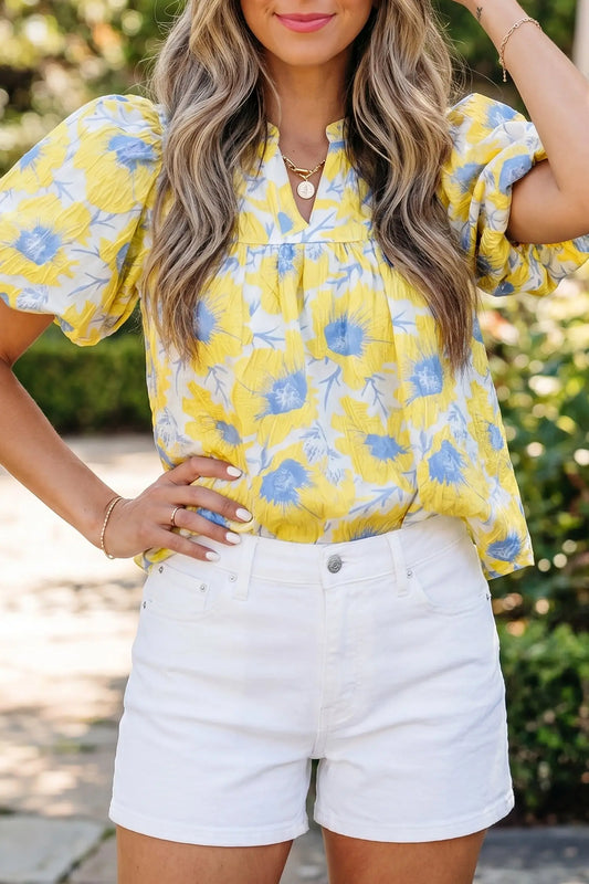 Floral Jacquard Bubble Sleeve Notched V Neck Babydoll Blouse