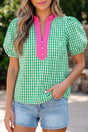 Gingham plaid bubble sleeve colourblock blouse front view — Fashionfitz UK