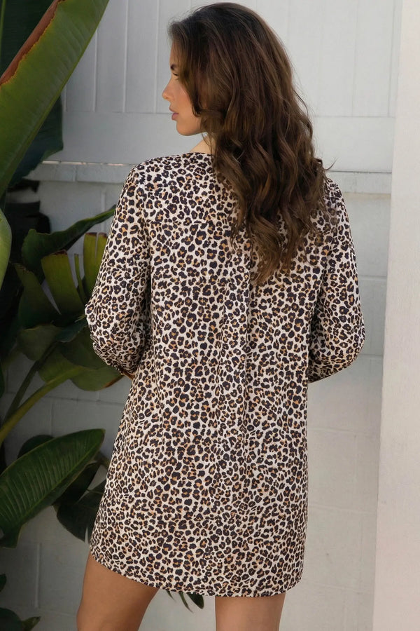 Leopard print contrast collar long sleeve flared mini dress back view — Fashionfitz UK