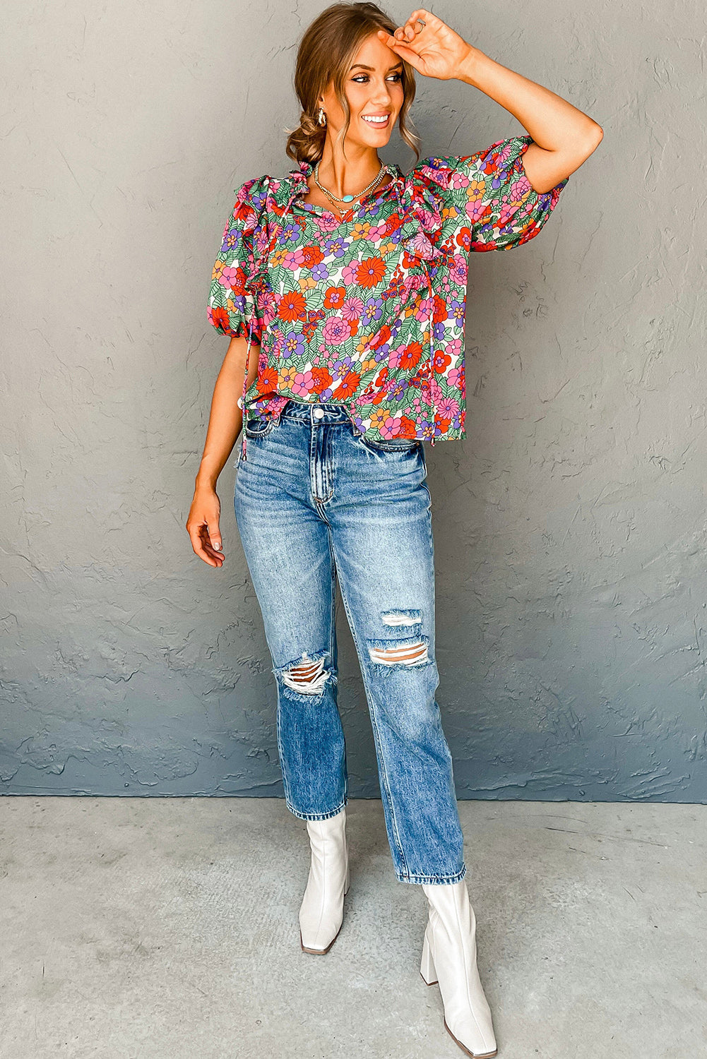 Red Floral Puff Sleeve Blouse