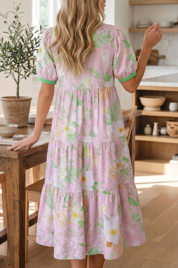 Pink Floral Puff Sleeve High Waist Tiered Maxi Dress Women UK