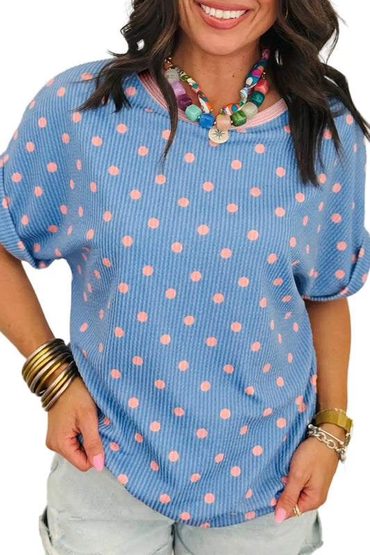 Sky blue raised rib polka dot print cuffed short sleeve top