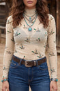 Beige High Neck Western Print Mesh Sheer Long Sleeve Top