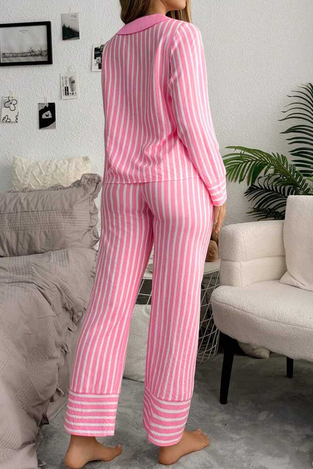 Feminine sleepwear in pink striped print styled with slippers