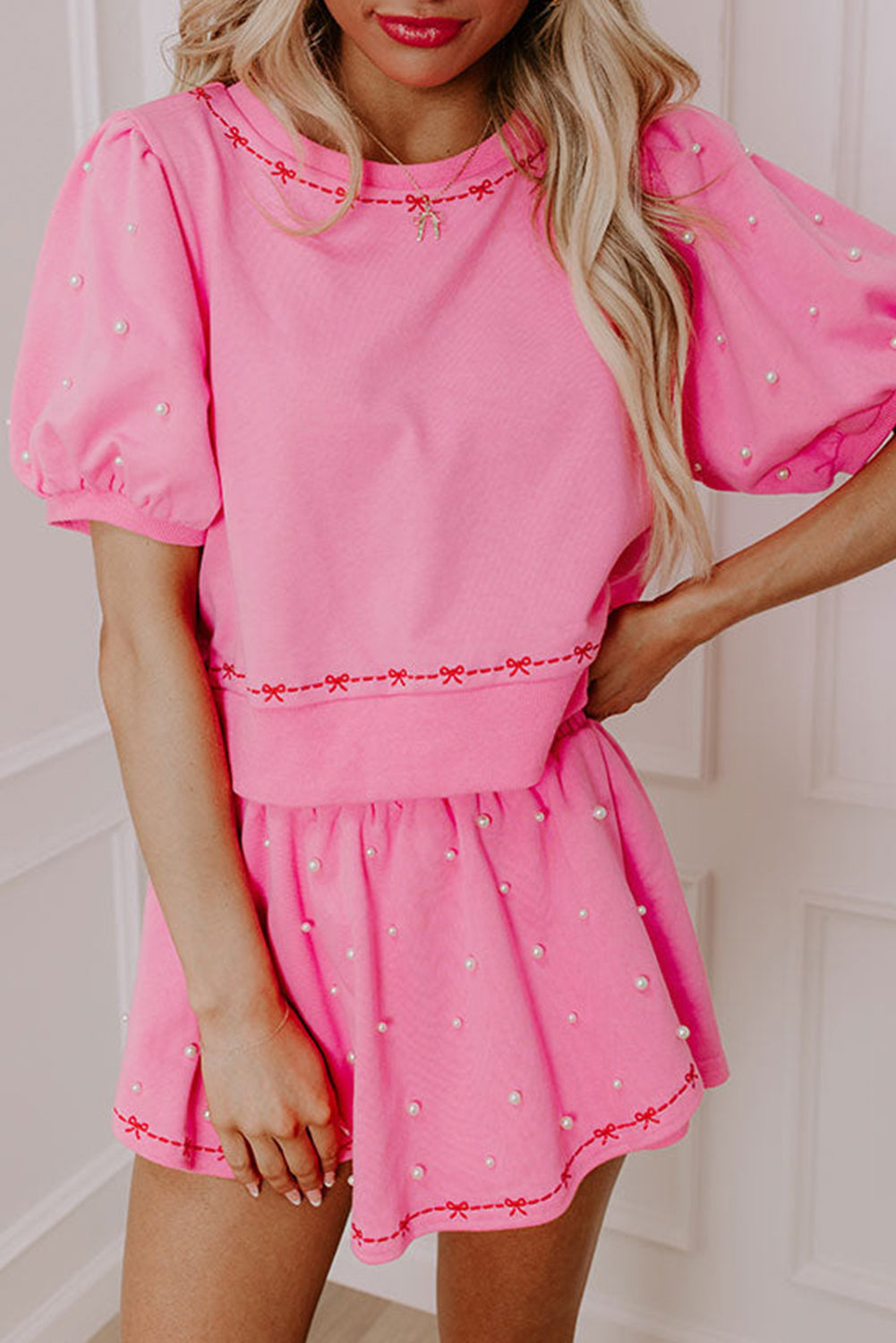 Pearl Bow Chic Co-Ord - Elegant Two-Piece Set