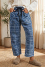 Plaid Denim Grommet Drawstring Waist Ankle-Length Jeans Women UK