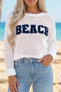 White chenille BEACH letter hollow out knit sweater front view — Fashionfitz UK