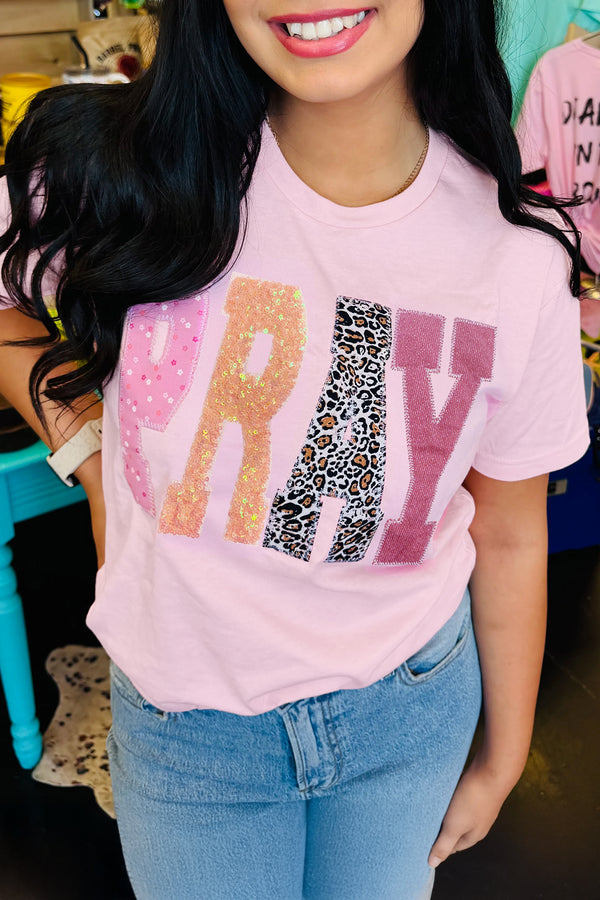 Pink PRAY Sequin Leopard Patched Graphic Tee Women UK