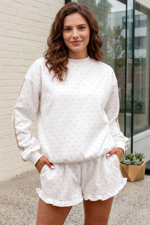 White Polka Dot Stripe Casual Sweatshirt & Shorts Set