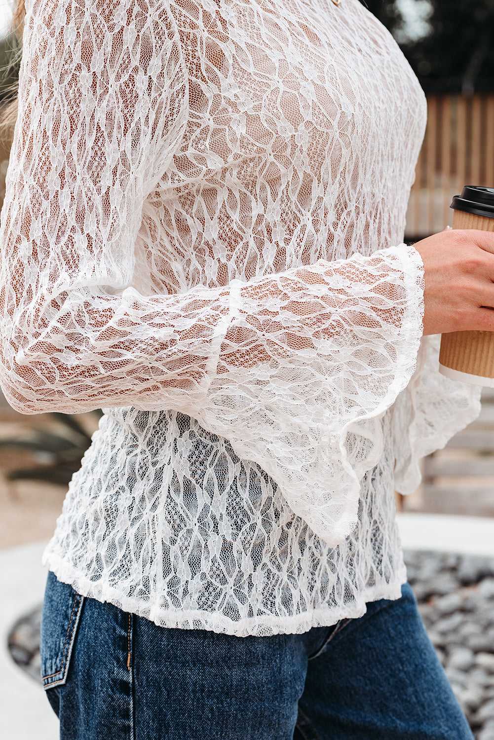 White Sheer Lace Bell Sleeve Blouse