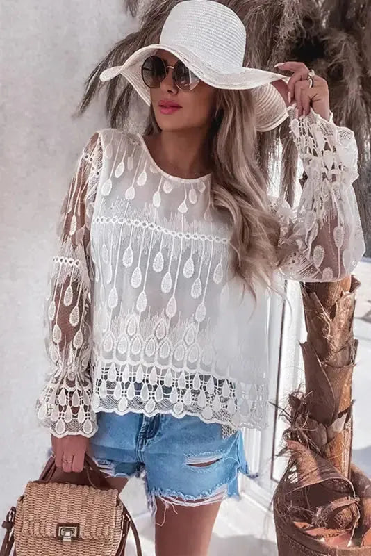 Beige Embroidered Mesh Flounce Sleeve Blouse - Fashionfitz