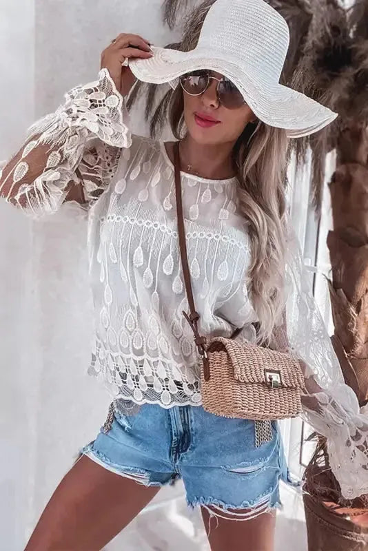 Beige Embroidered Mesh Flounce Sleeve Blouse - Fashionfitz