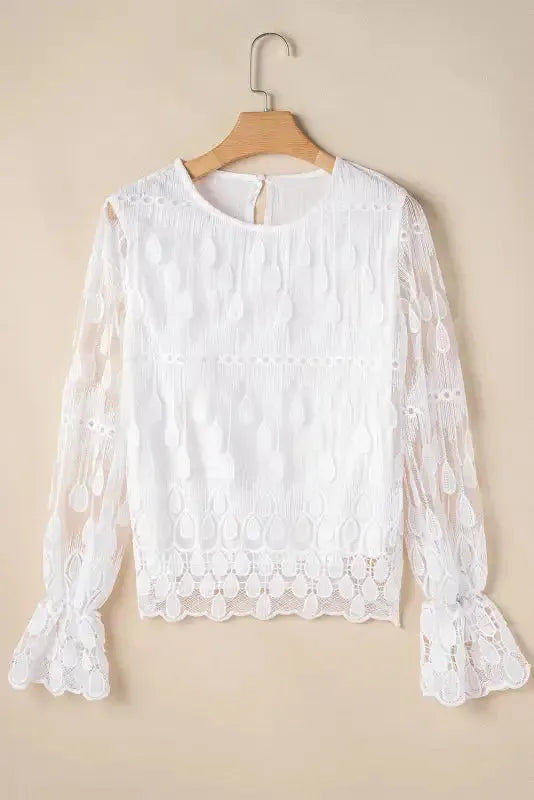 Beige Embroidered Mesh Flounce Sleeve Blouse - Fashionfitz