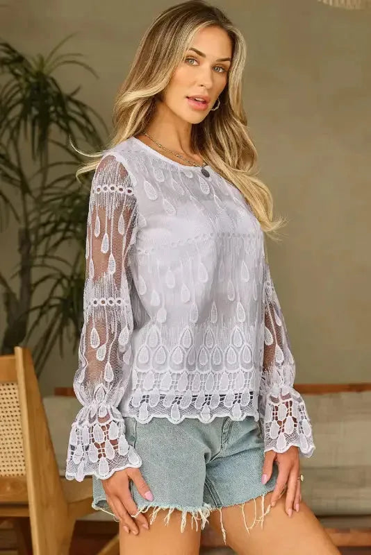 Beige Embroidered Mesh Flounce Sleeve Blouse - Fashionfitz