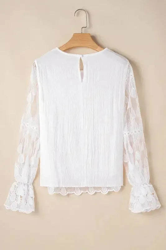 Beige Embroidered Mesh Flounce Sleeve Blouse - Fashionfitz