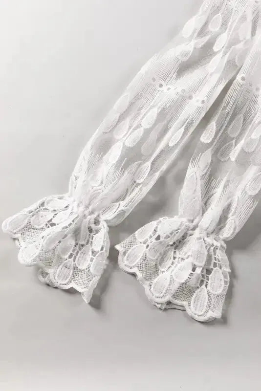 Beige Embroidered Mesh Flounce Sleeve Blouse - Fashionfitz