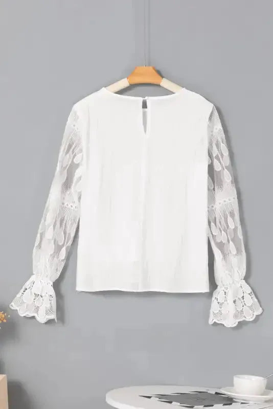 Beige Embroidered Mesh Flounce Sleeve Blouse - Fashionfitz