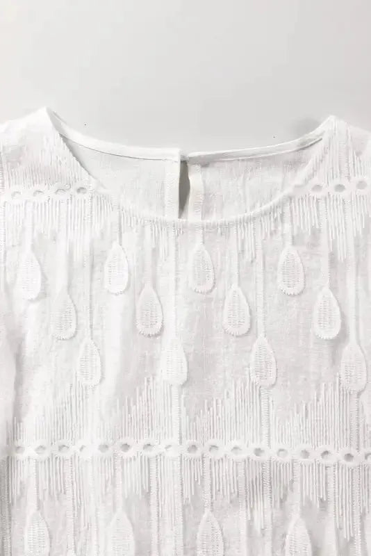 Beige Embroidered Mesh Flounce Sleeve Blouse - Fashionfitz