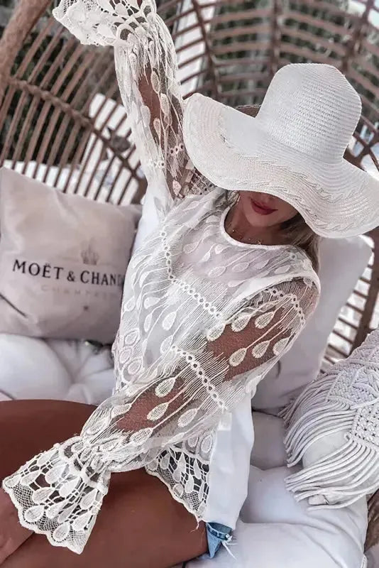 Beige Embroidered Mesh Flounce Sleeve Blouse - Fashionfitz