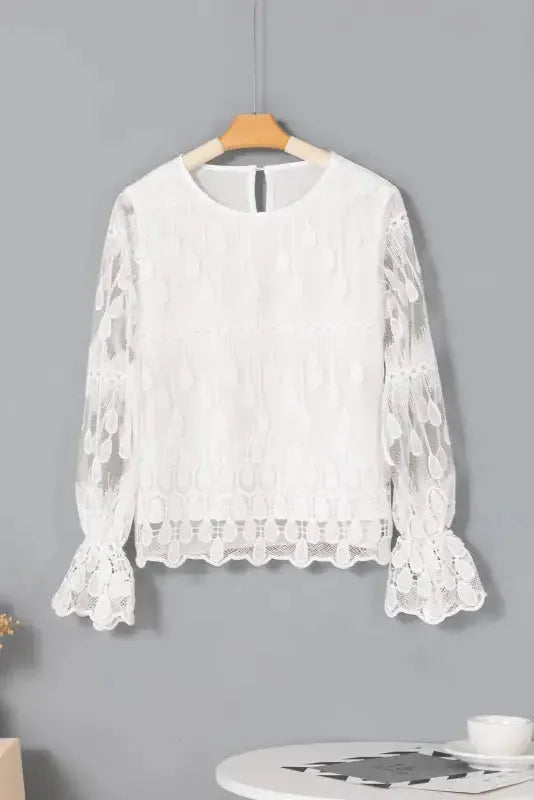 Beige Embroidered Mesh Flounce Sleeve Blouse - Fashionfitz