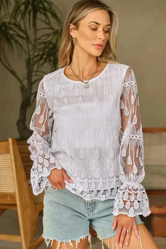 Beige Embroidered Mesh Flounce Sleeve Blouse - Fashionfitz