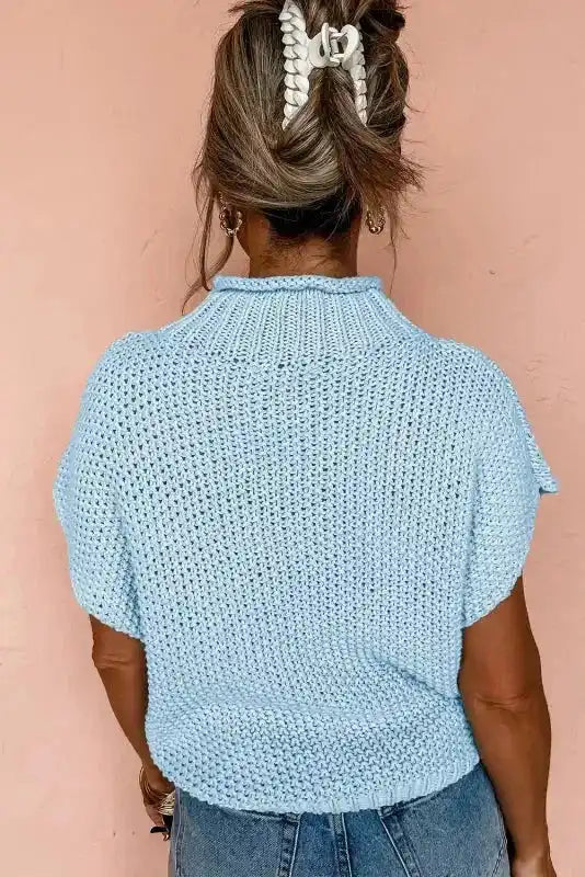 Iceland blue high neck short sleeve sweater back view — Fashionfitz UK