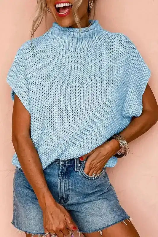 Beige High Neck Bat Short Sleeve Sweater - Fashionfitz