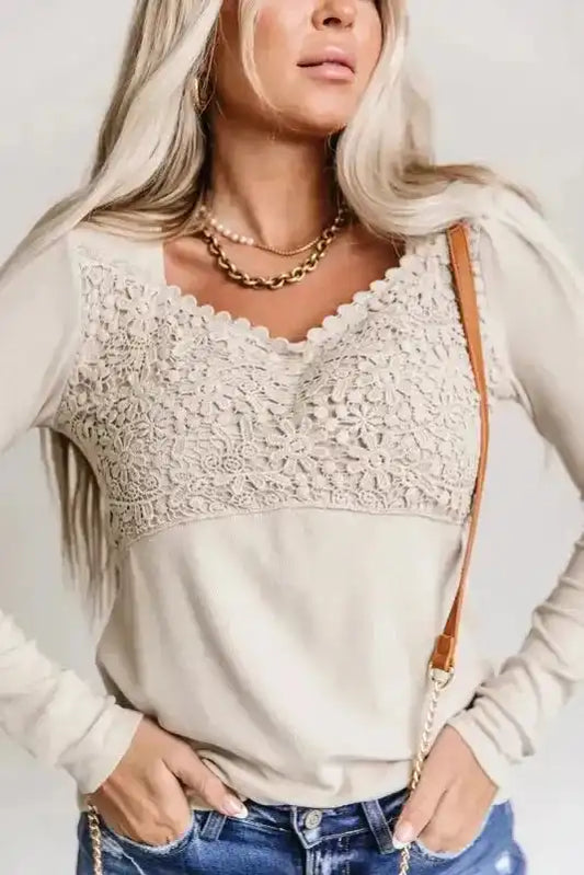 Beige Lace Crochet V Neck Long Sleeve Top - Fashionfitz