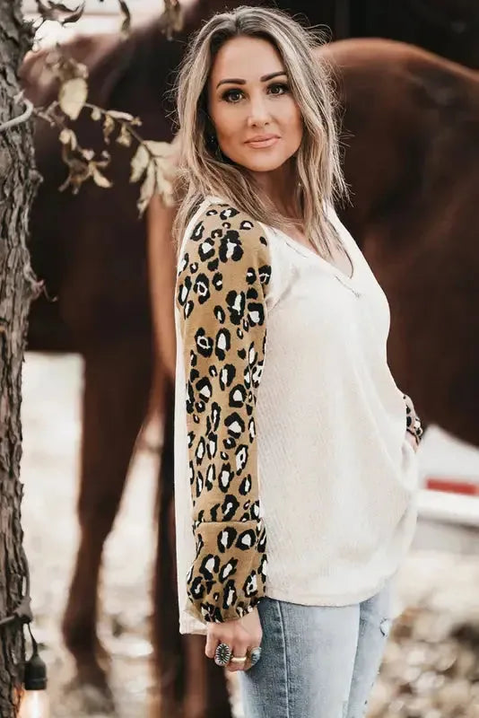 Beige Printed Plus Size Waffle Knit Contrast Leopard Long Sleeve Top - Fashionfitz