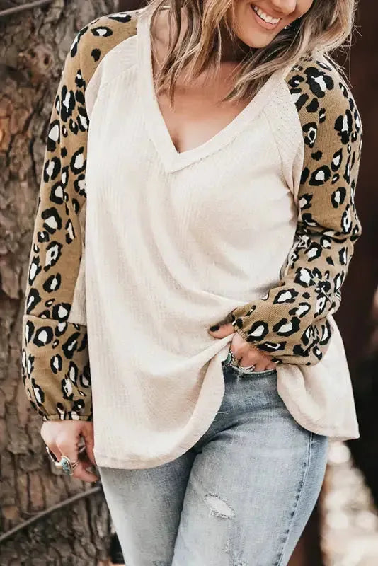 Beige Printed Plus Size Waffle Knit Contrast Leopard Long Sleeve Top - Fashionfitz