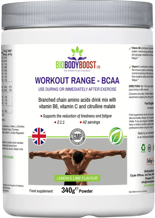 BioBodyBoost BCAA Amino Acids Drink Mix — 5.6g BCAAs per serving, muscle and endurance support, 340g, UK