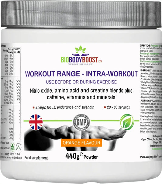 BioBodyBoost Intra-Workout Creatine Blend back label showing amino acid profile and vitamin content
