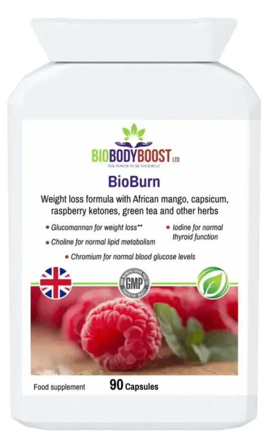 BioBurn Glucomannan Raspberry Complex — glucomannan, raspberry ketones and chromium, 90 vegan capsules for weight management, BioBodyBoost UK