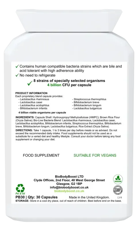 Back label of BioTic 4 Billion showing probiotic strains, live culture count and ingredients with dosage guide
