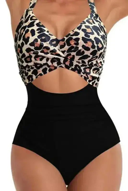 Black 2-tone Crossed Cutout Backless Monokini - Fashionfitz