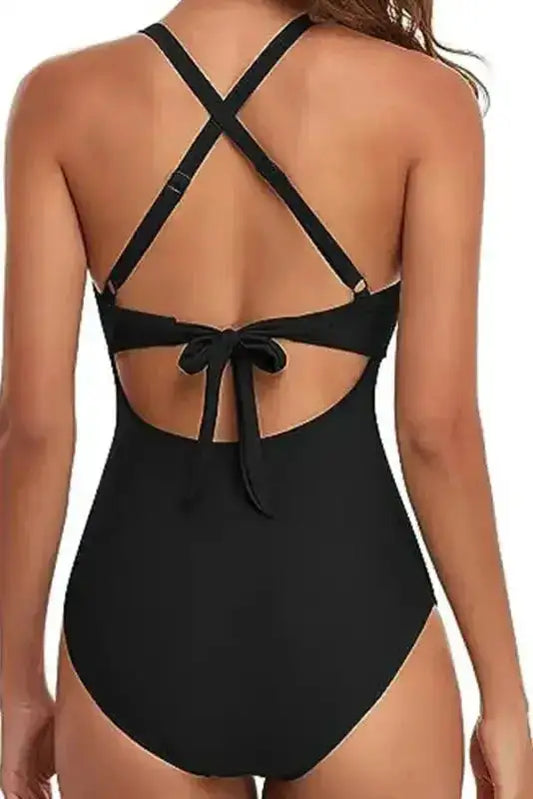 Black 2-tone Crossed Cutout Backless Monokini - Fashionfitz