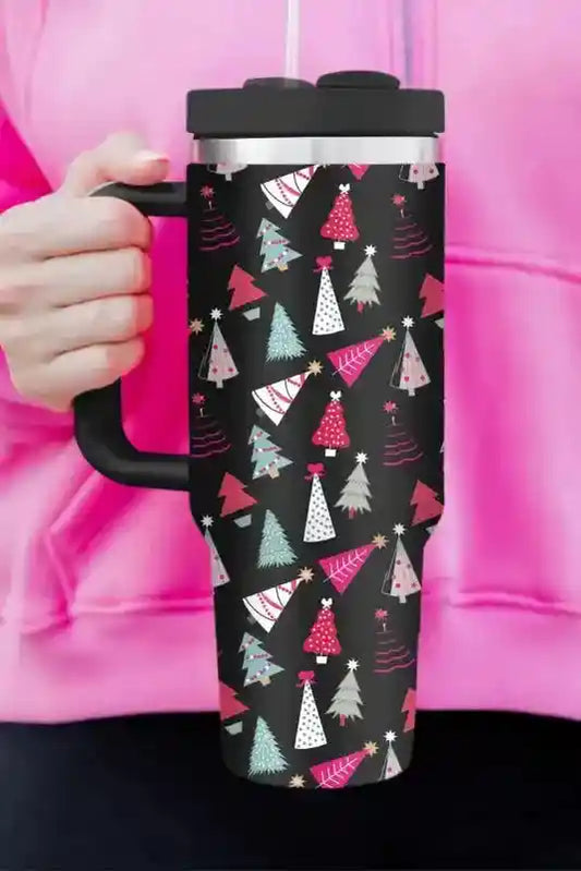 Cartoon Christmas Tree Thermos Cup - Printed Cup in black with festive tree design, includes handle and straw for hot or cold drinks.
