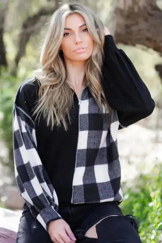 Black Checkboard Patchwork Exposed Stitching Collared Top - Fashionfitz