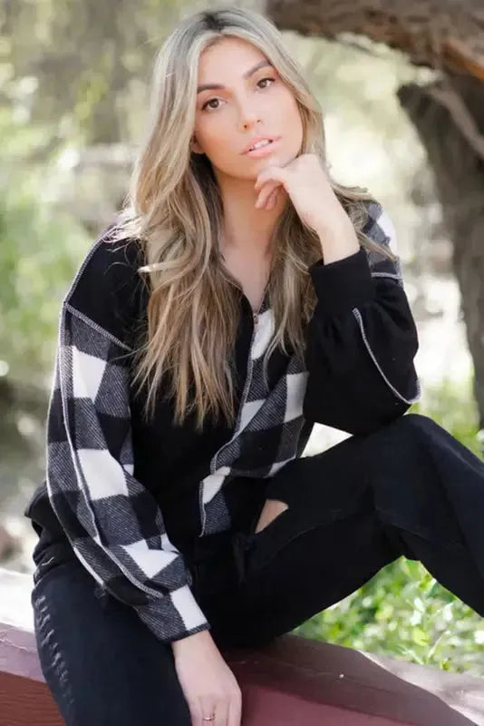 Black Checkboard Patchwork Exposed Stitching Collared Top - Fashionfitz