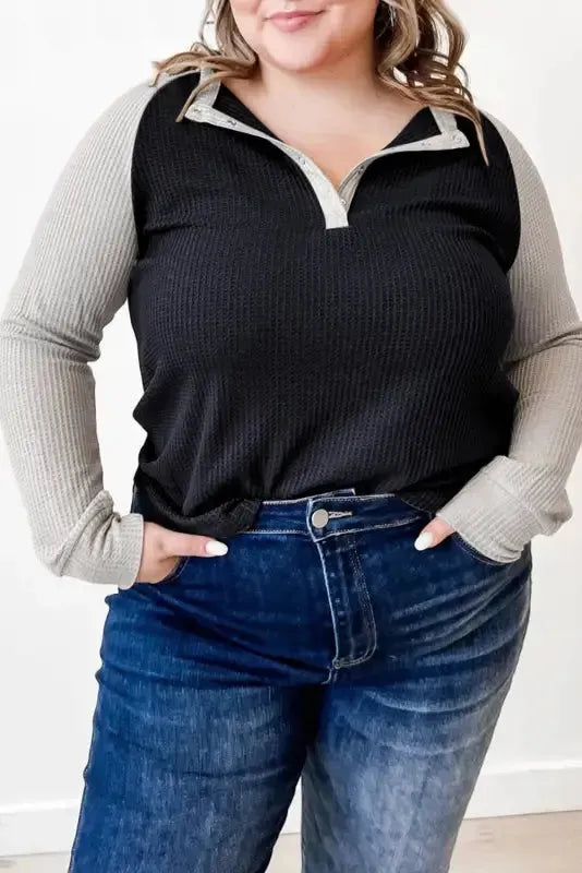 Black Color Contrast Waffle Knit Buttoned Plus Size Top - Fashionfitz