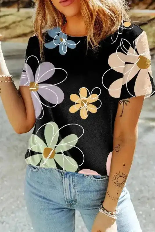 Black Floral T Shirt - Fashionfitz