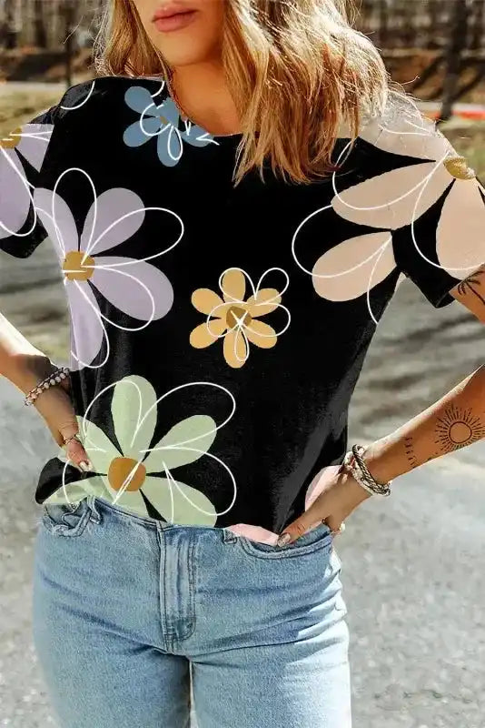 Black Floral T Shirt - Fashionfitz