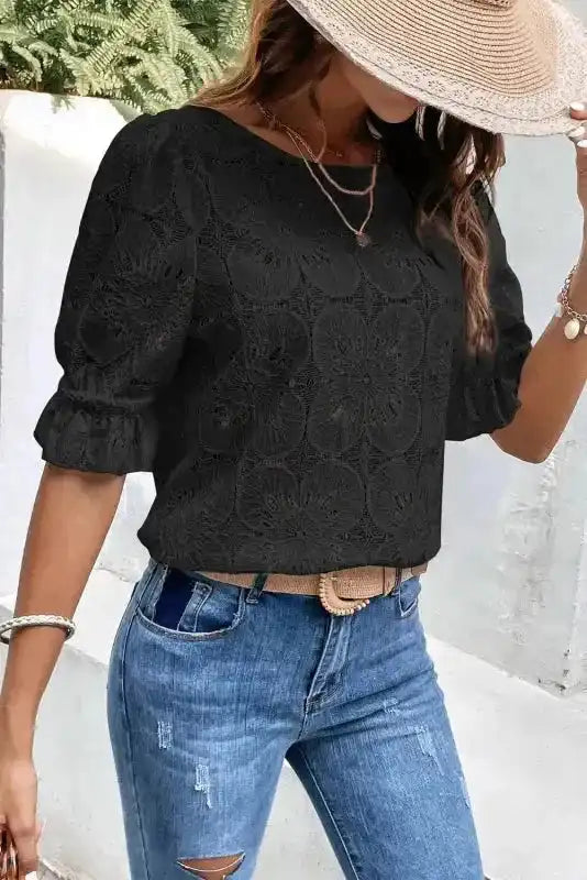 Black Flower Eyelet Jacquard Top - Fashionfitz