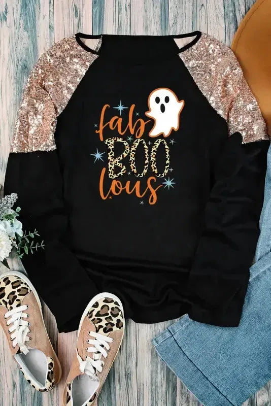 Black leopard boo ghost graphic sequin raglan sleeve top