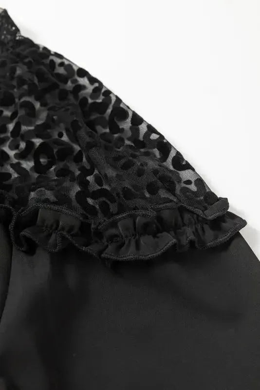 Black Leopard Mesh Splicing Ruffle Blouse - Fashionfitz