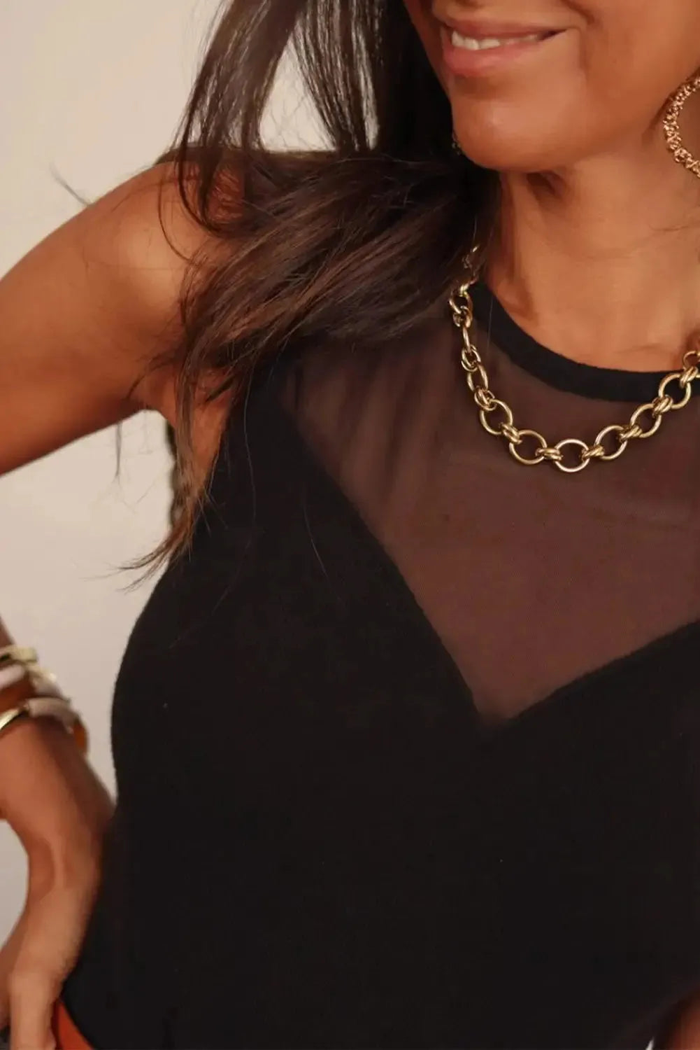 Mesh Patchwork Sleeveless Bodysuit - Black - Fashionfitz